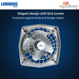 Exhaust fan with bird screen on a blue background, featuring Luminous Fans and RR Signature branding.