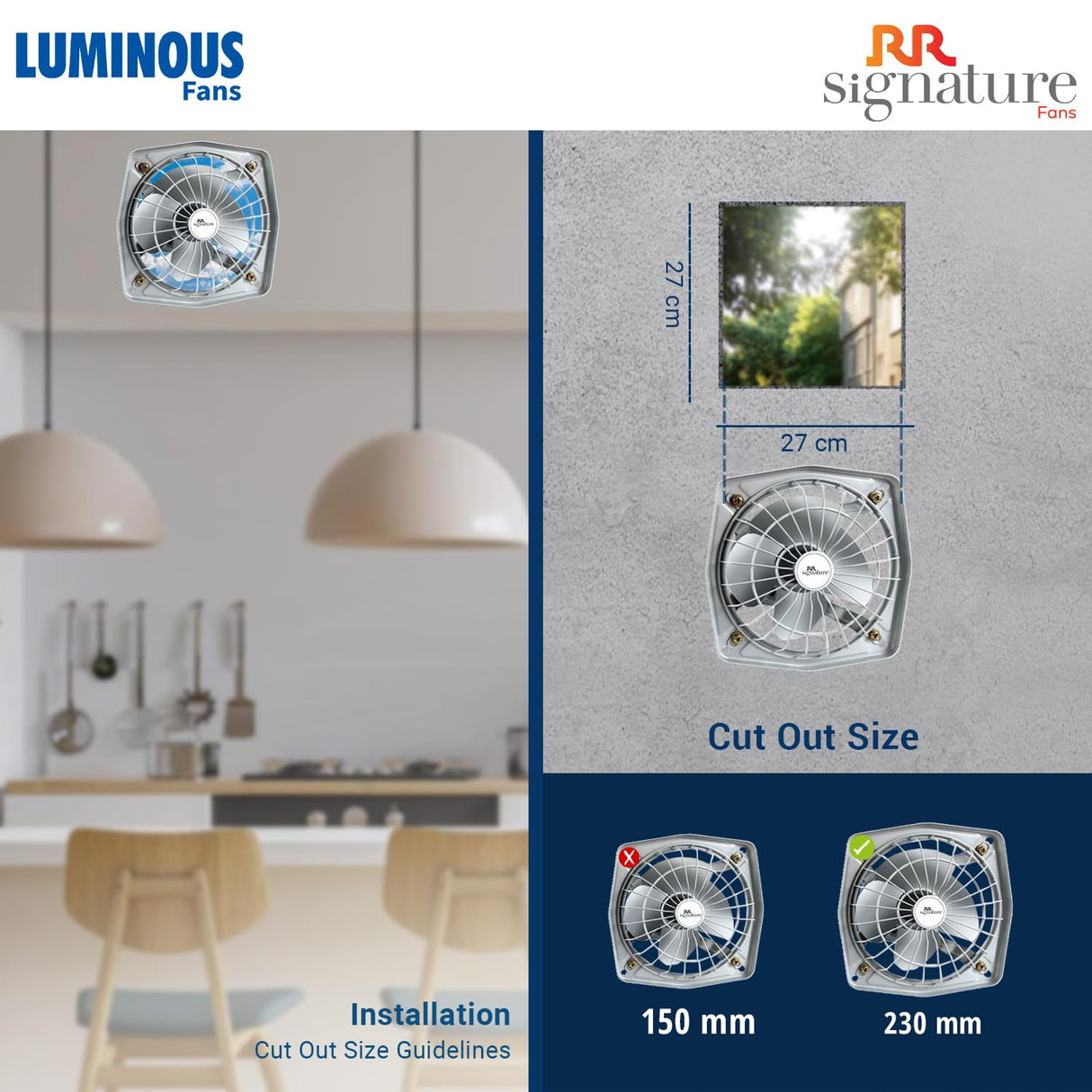 Luminous Fans product with installation guidelines and cut-out size details on a kitchen background