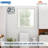 Bathroom with a wall-mounted fan and text promoting Luminous Fans and RR Signature Fans.
