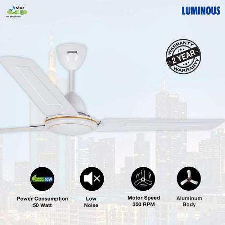 Luminous ceiling fan with features and specifications on a light blue background