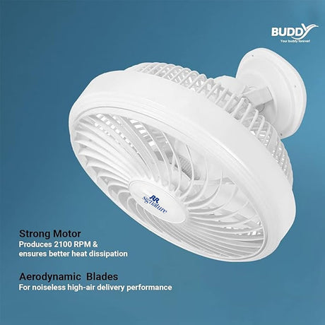A white ceiling fan with a circular grille and visible internal blades, shown at an angle against a blue gradient background. Text on the left describes the fan's features, and the BUDDY logo appears in the top right corner.