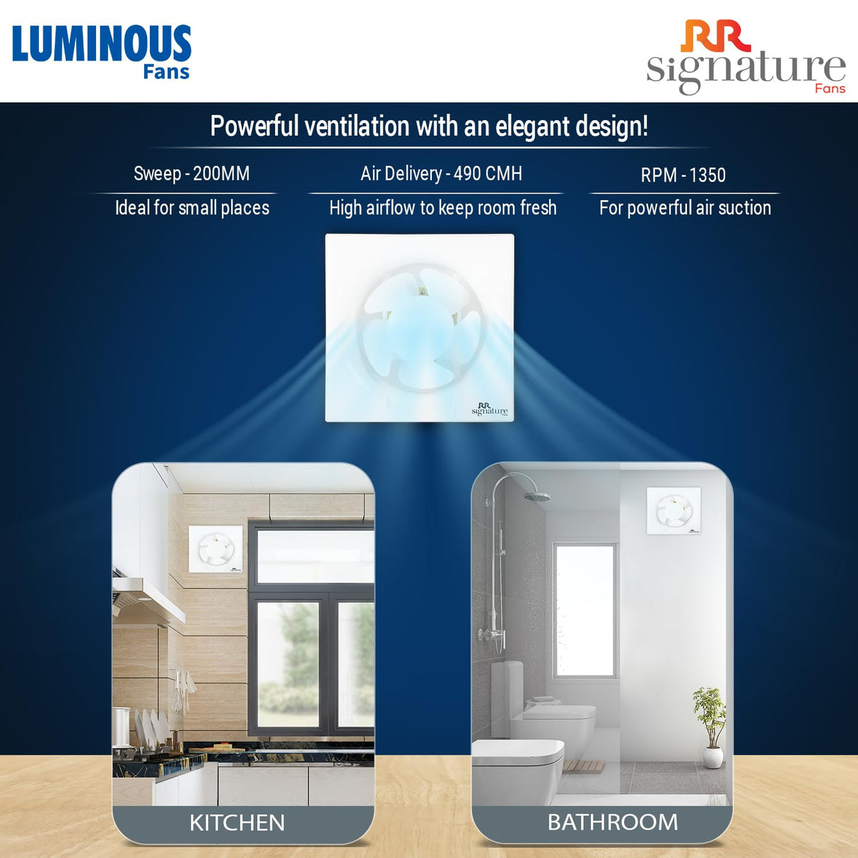 Advertisement for Luminous Fans RR Signature with product features and usage examples in kitchen and bathroom.