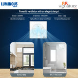 Advertisement for Luminous Fans RR Signature with product features and usage examples in kitchen and bathroom.