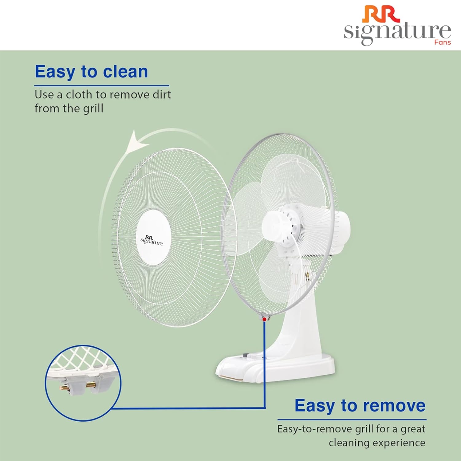 White fan with easy-to-clean grill feature on a green background, featuring RR Signature brand.