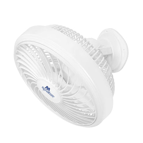 A white portable desk fan with a circular blade guard and a wall mount bracket, shown on a solid white background. The brand logo 'Signature' is visible on the front center label.