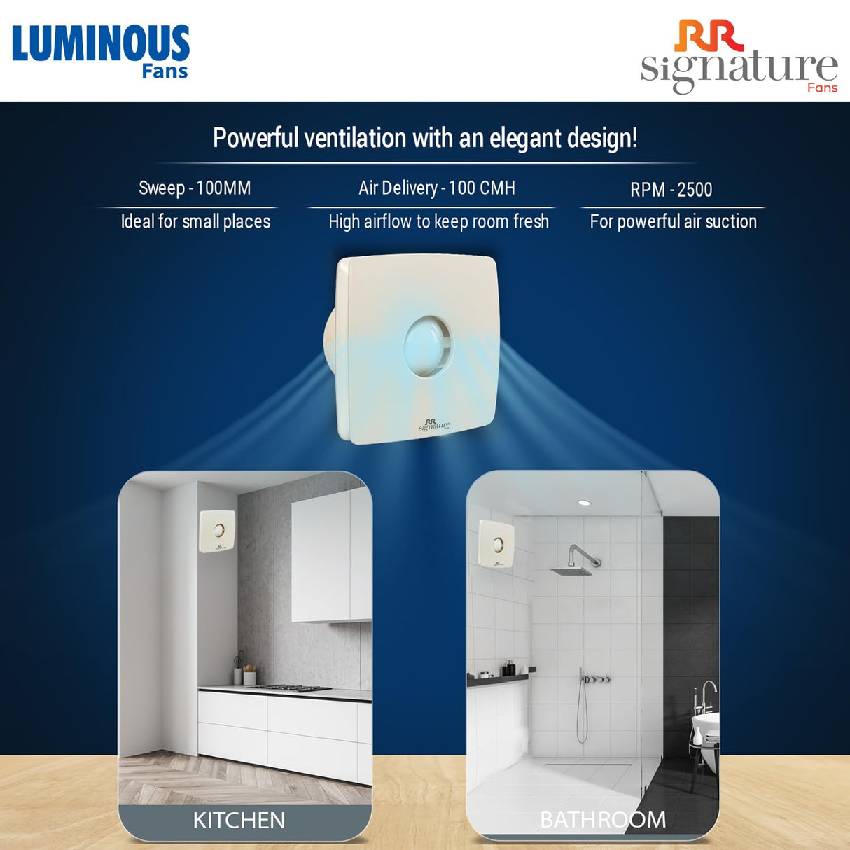 This RR signature exhaust fans has a sweep size : 100mm air delivery - 1000CMH and RPM : 2500