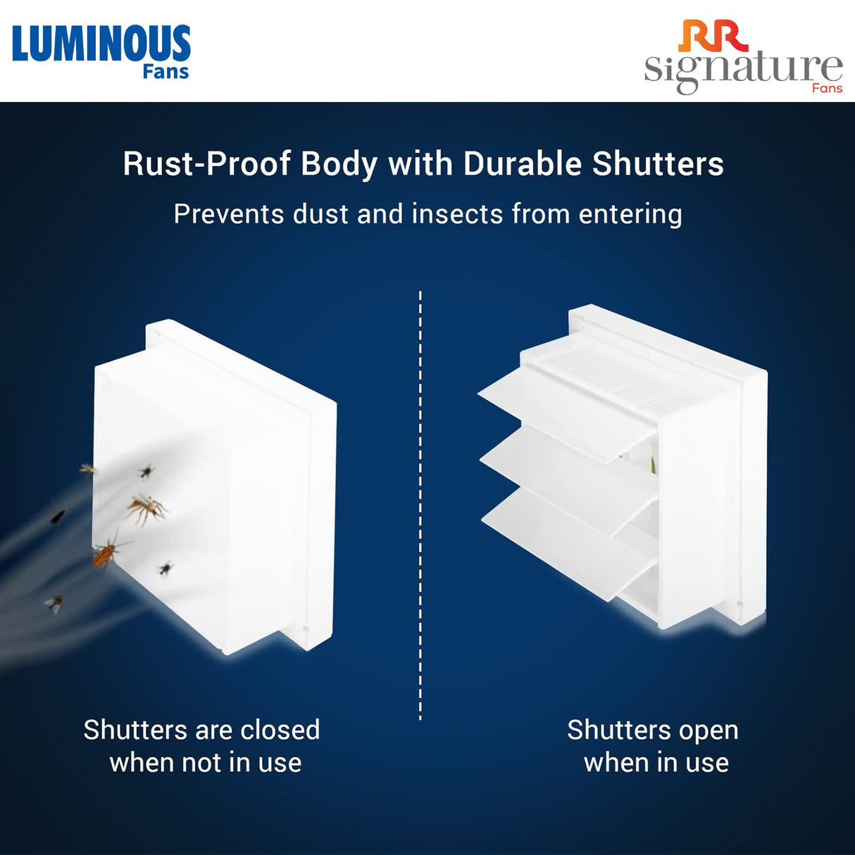 Diagram showing rust-proof body with durable shutters preventing dust and insects on a blue background.