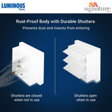 Diagram showing rust-proof body with durable shutters preventing dust and insects on a blue background.