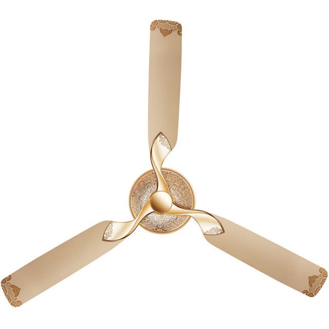 A Thar Gold ceiling fan with a luxurious design, featuring ornate blades and a central ornamental hub.
