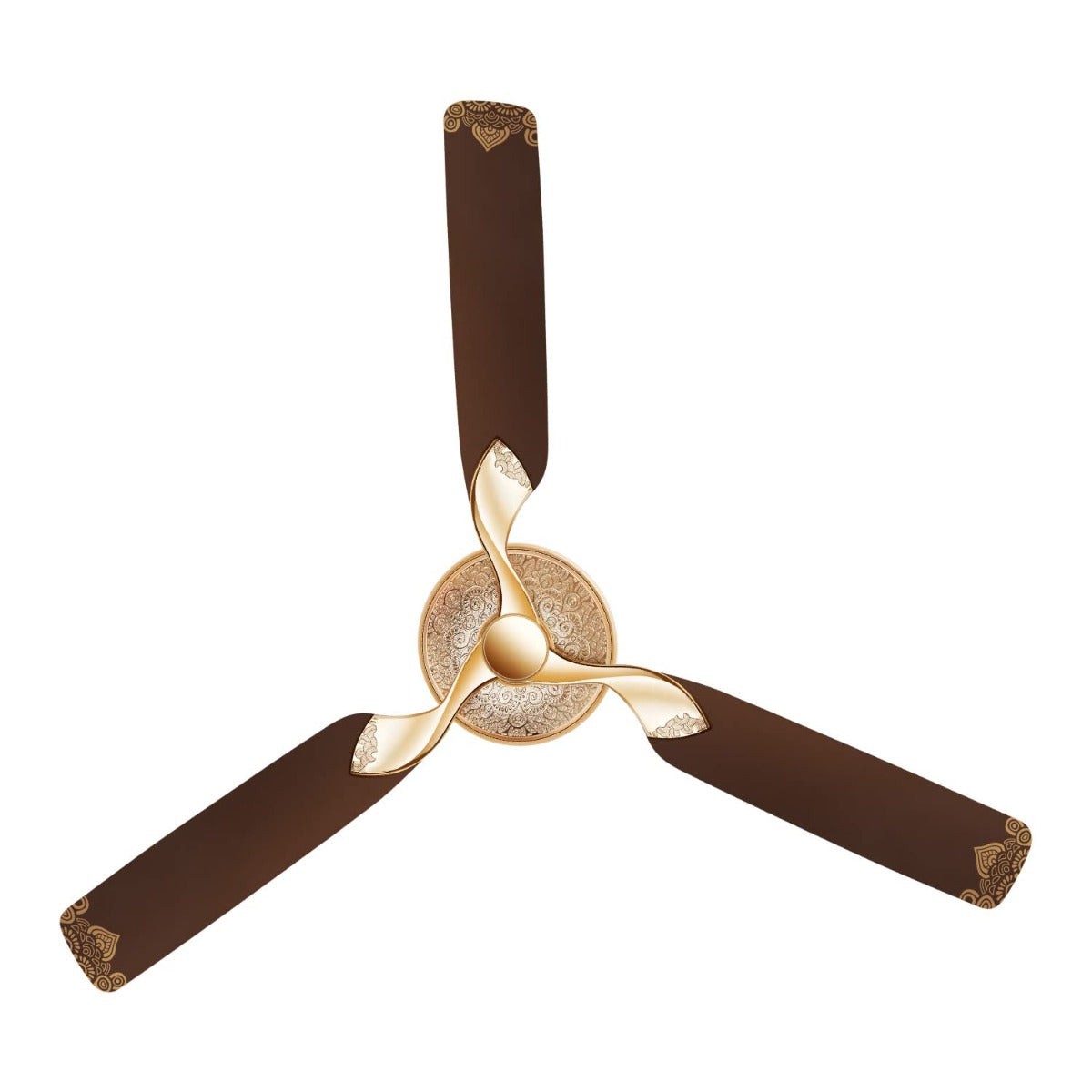 A tan brown ceiling fan with a gold-colored central hub and blades featuring a luminous (shimmering) finish.