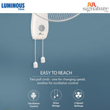 Wall-mounted fan with pull cords on a blue background, featuring Luminous and RR Signature logos.