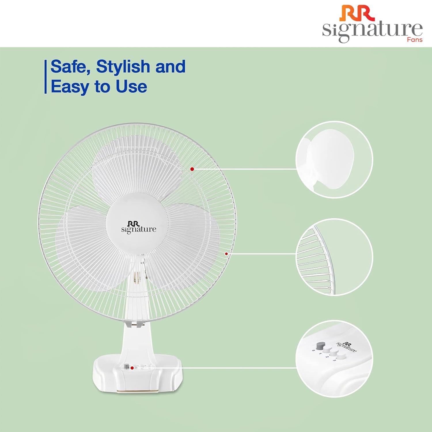 White table fan with RR Signature branding on a light green background