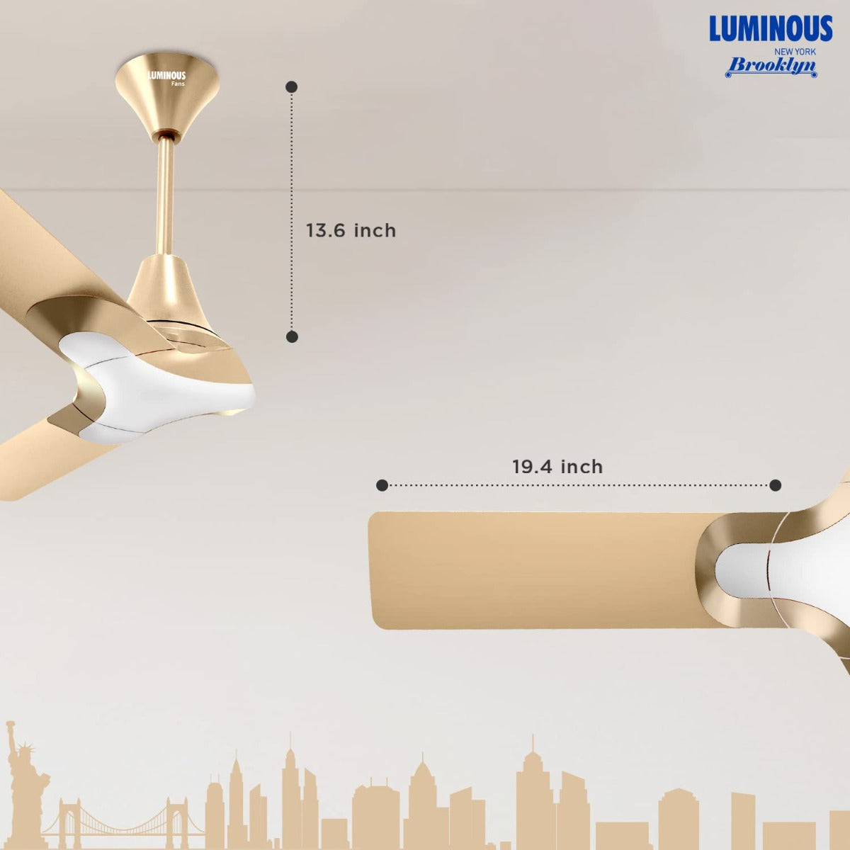 This RR Signature ceiling fan has 13.6Inch Height and 19.4inch width .
