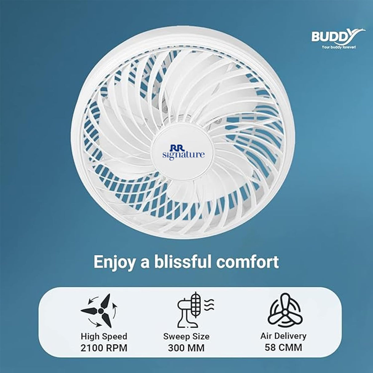 A white circular personal fan with blue accents and the 'RR signature' logo in the center, shown on a blue gradient background. Below the fan, text reads 'Enjoy a blissful comfort' with feature icons for 'High Speed 2100 RPM', 'Sweep Size 300 MM', and 'Air Delivery 58 CMM'.