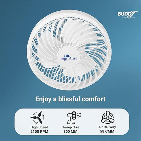 A white circular personal fan with blue accents and the 'RR signature' logo in the center, shown on a blue gradient background. Below the fan, text reads 'Enjoy a blissful comfort' with feature icons for 'High Speed 2100 RPM', 'Sweep Size 300 MM', and 'Air Delivery 58 CMM'.