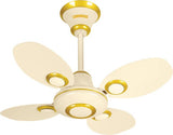 A ceiling fan with four blades in a light beige color, featuring a central light fixture.