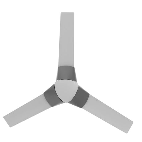 A three-blade ceiling fan with a central motor unit in white, featuring aluminum blades and a glossy finish.