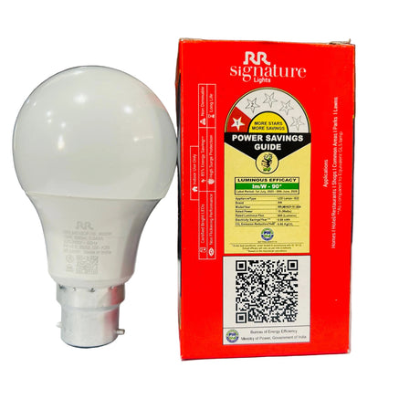 LED light bulb next to its packaging box on a white backgroud