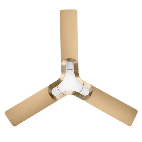 A champagne gold ceiling fan with a modern design, featuring a central motor unit connected to four blades.