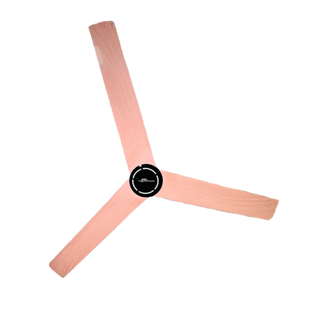 A three-blade ceiling fan with light wood blades and a black circular center hub, isolated on a white background.