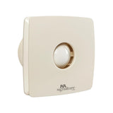 A white 100mm Vento Air exhaust fan by RR Signature with a sleek design featuring a central ball and a circular frame.