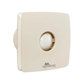 A white 100mm Vento Air exhaust fan by RR Signature with a sleek design featuring a central ball and a circular frame.