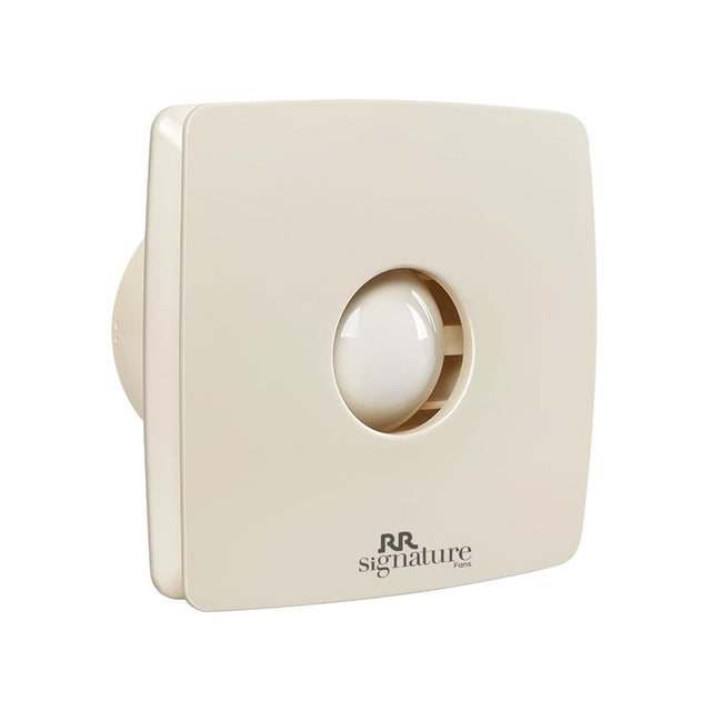 A white 100mm Vento Air exhaust fan by RR Signature with a sleek design featuring a central ball and a circular frame.