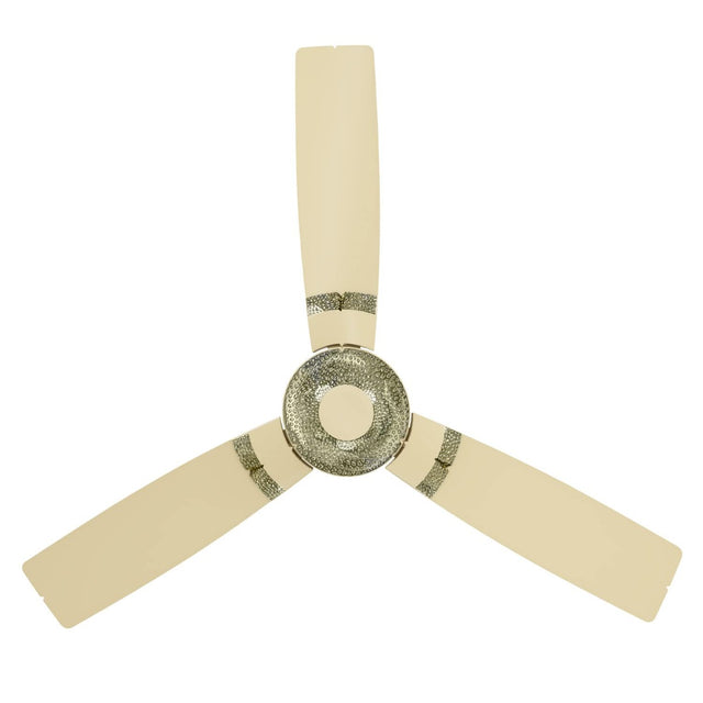 A ceiling fan with four beige blades and a central hub.