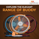 Orange fan with other fans in the background on a brown background with 'RR Signature' branding.