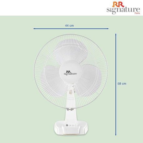 White table fan with dimensions on a light green background, featuring the RR Signature logo.