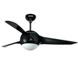 A black ceiling fan with a prominent central motor unit and three blades.