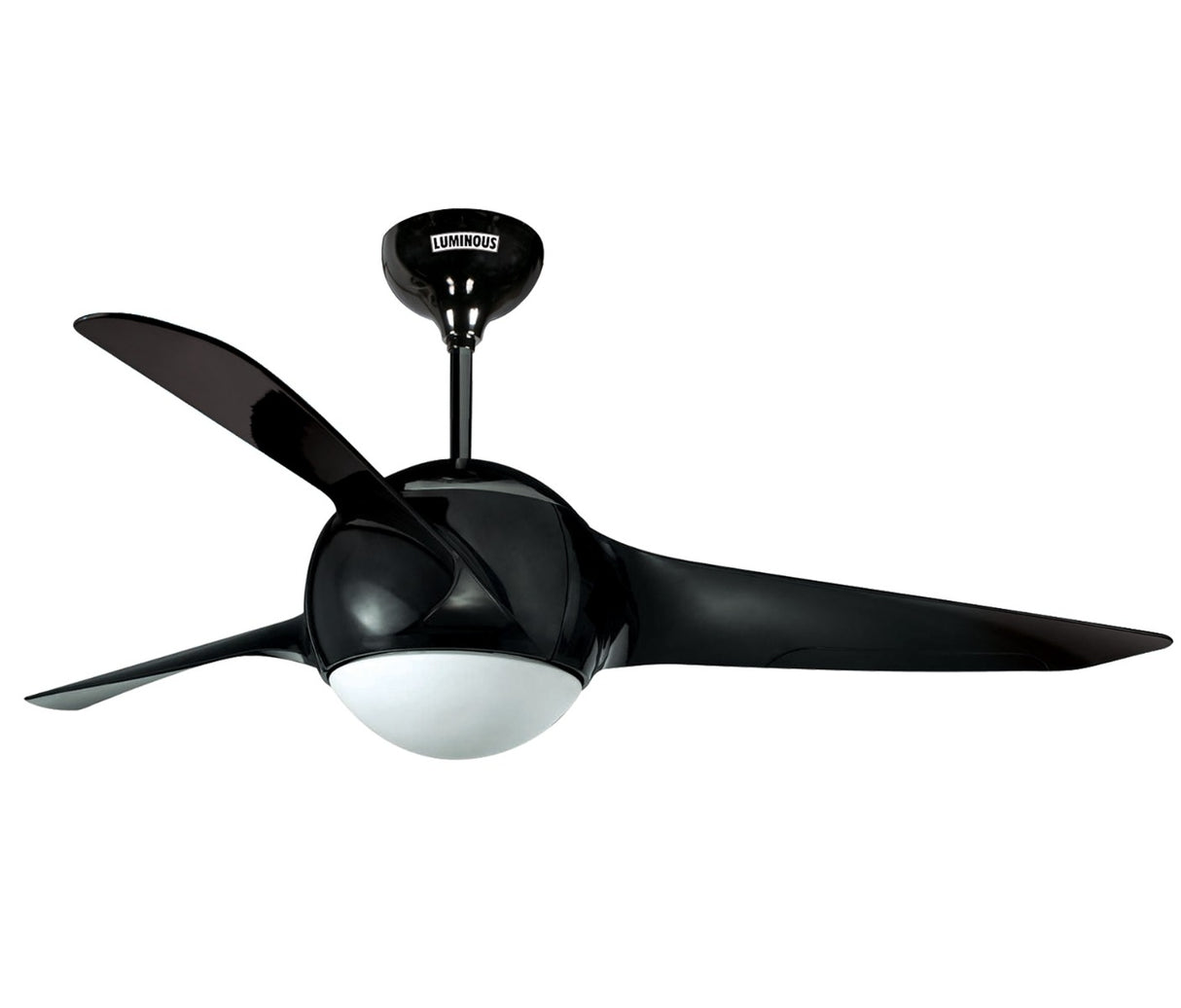 A black ceiling fan with a prominent central motor unit and three blades.