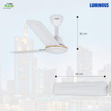 Luminous ceiling fan with dimensions indicated on a cityscape background