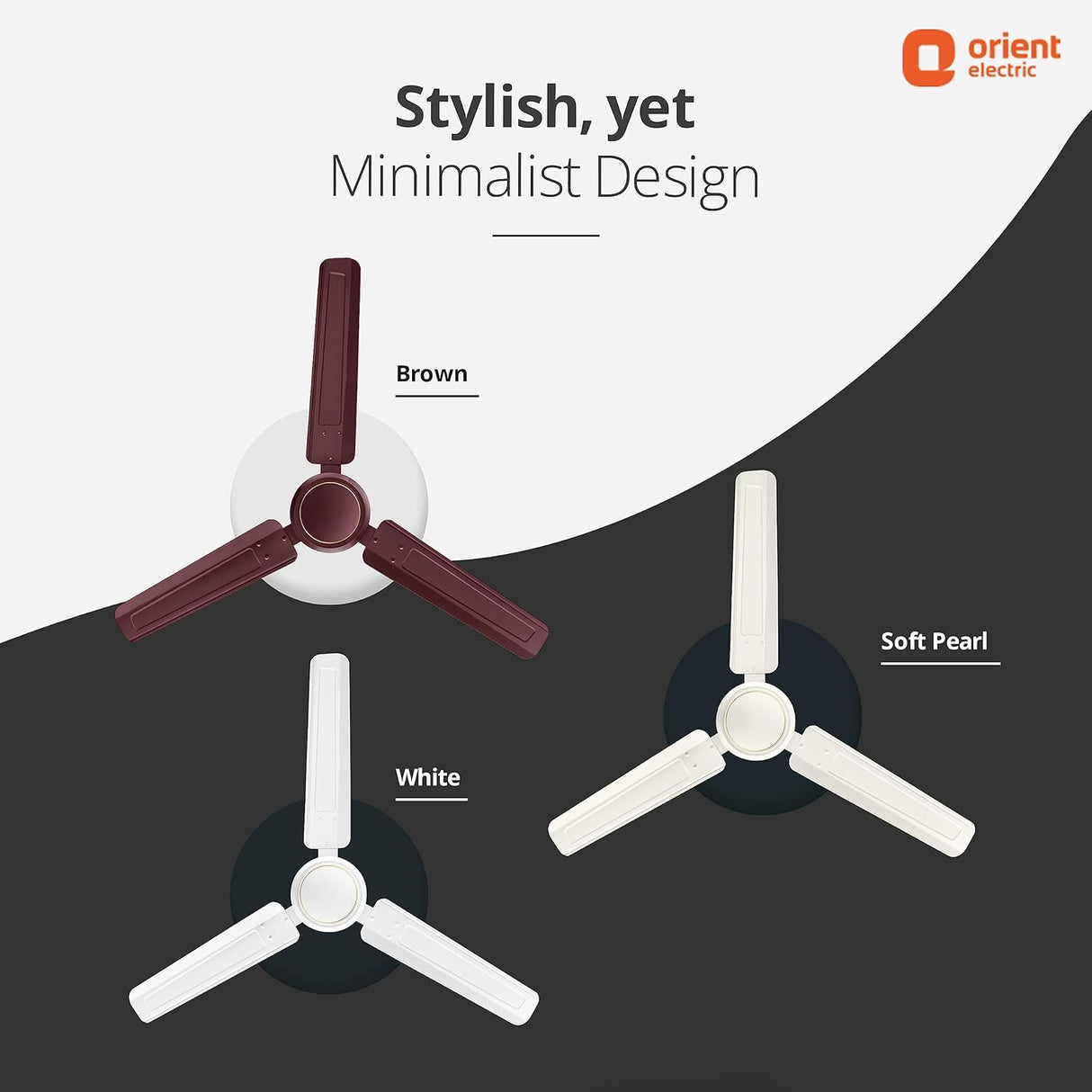 Three ceiling fans in brown, white, and soft pearl on a dark background with Orient Electric branding.