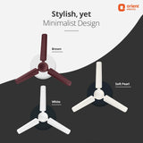 Three ceiling fans in brown, white, and soft pearl on a dark background with Orient Electric branding.