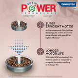 An infographic for Crompton Active Power Technology fans, highlighting a super efficient motor and longer life. The graphic features a metallic fan motor diagram with blue arrows pointing downwards, set against a textured beige background with the Crompton logo at the top.