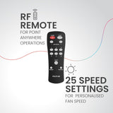 operates with RF remote you can point anywhere and it's has 25 speed settings 