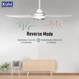 Ceiling fan with 'Kühl' branding in a room with furniture and decor.
