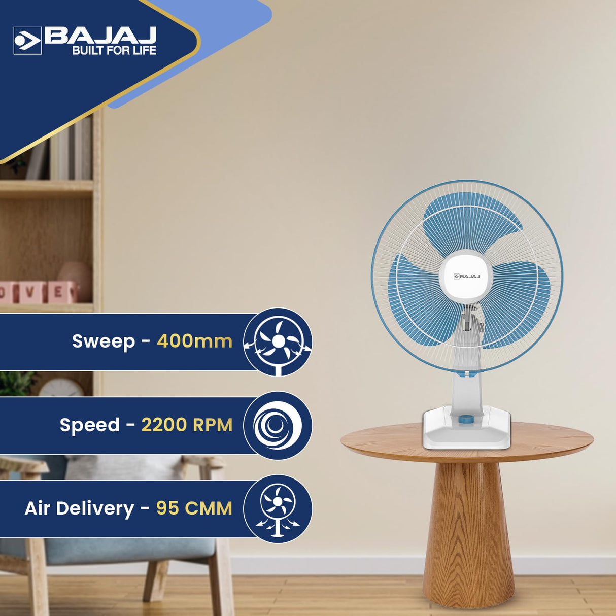 Bajaj Shield Series Robusto High Speed 400mm Table Fan 【Blue & White】
