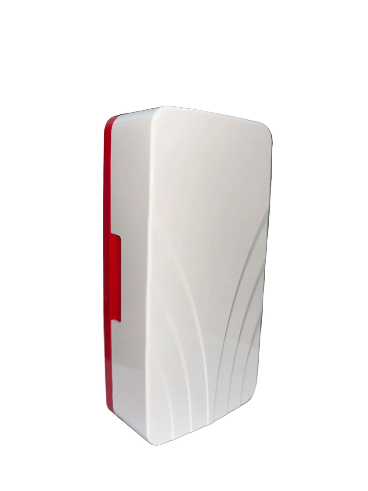 A white rectangular Doorbell with a red side accent and curved line patterns on the front, standing upright on a white background.