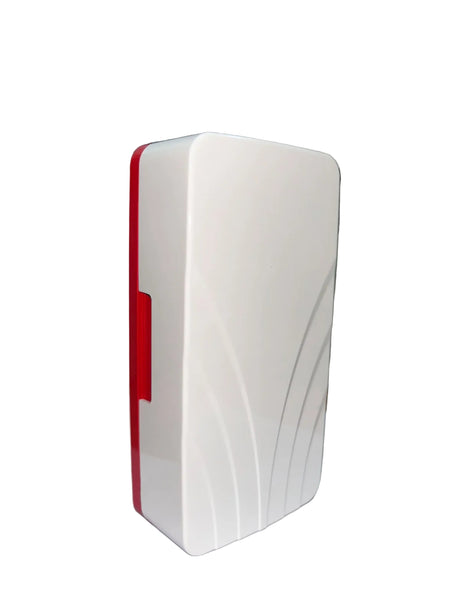 A white rectangular Doorbell with a red side accent and curved line patterns on the front, standing upright on a white background.