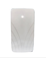 A white rectangular door bell with rounded corners and subtle curved line patterns on the front, standing on a white background.