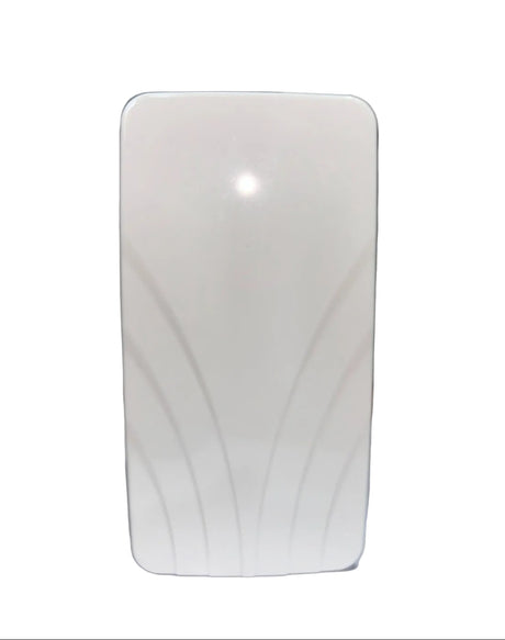 A white rectangular door bell with rounded corners and subtle curved line patterns on the front, standing on a white background.