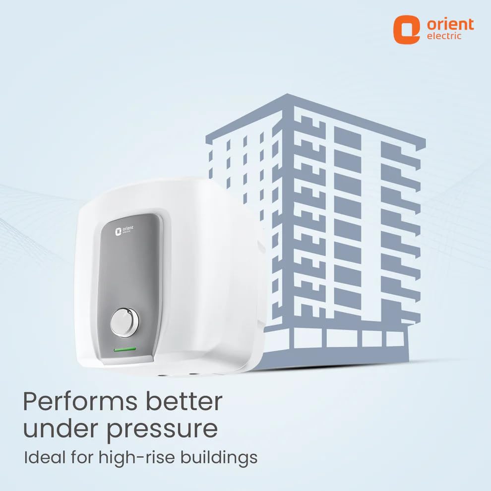 Orient Electric water purifier with a high-rise building in the background on a light blue gradient background.