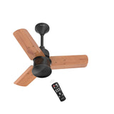 A Polycab Silencio Mini 600mm BLDC Ceiling Fan in natural wood finish with four blades and a black remote control.