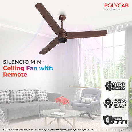 Polycab silencio mini ceiling fan 1200mm comes with remote operation with 4 years of warranty coverage . 