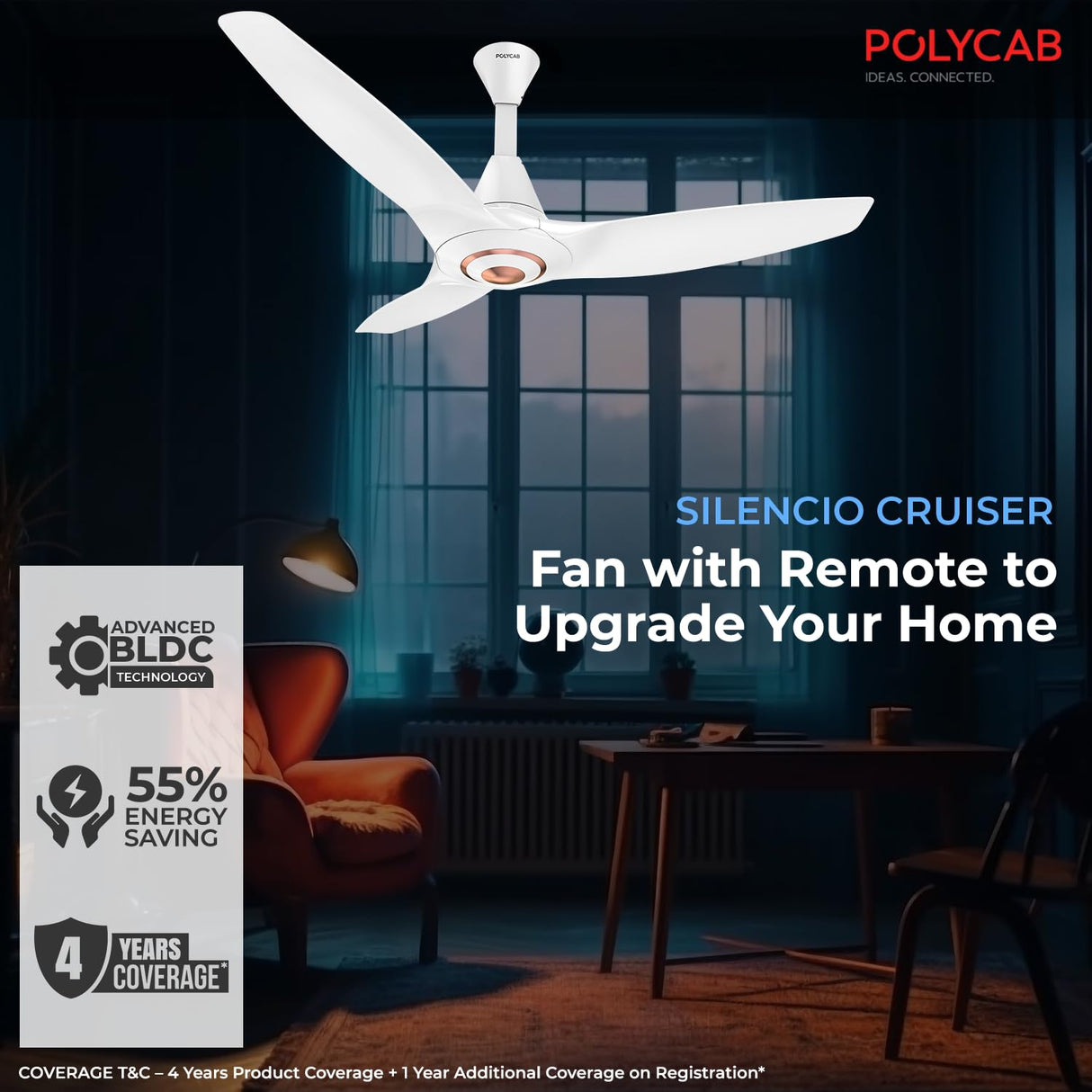 Polycab Silencio Cruiser 1200mm BLDC Premium Silent Ceiling Fan 【White Rose Gold】