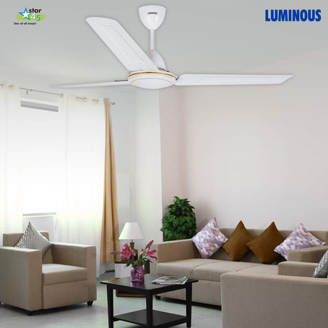 Ceiling fan in a living room with Luminous branding