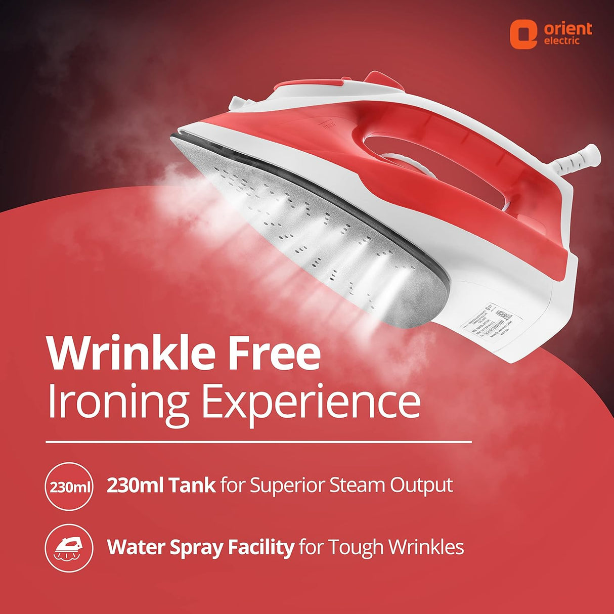 Red and white iron with steam output on a red background, featuring Orient Electric branding.