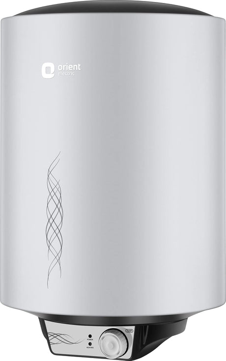An Orient electric water heater with a sleek cylindrical design, featuring a brushed silver metallic body, a black top cap, and a black base housing a white control dial.